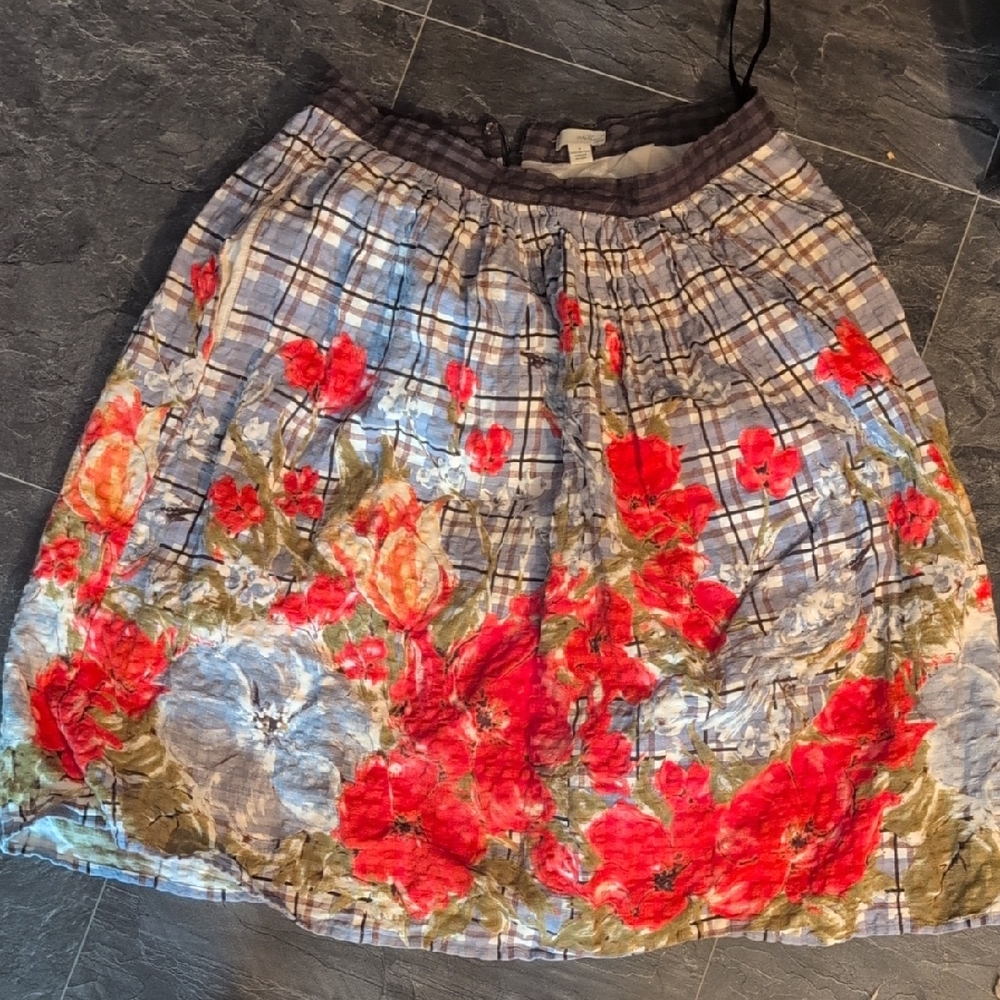 Anthropologie Gray Plaid Skirt with Red Floral Motif